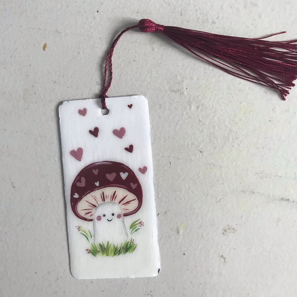 Hand-Painted Maroon Mushroom Bookmark with Tassel